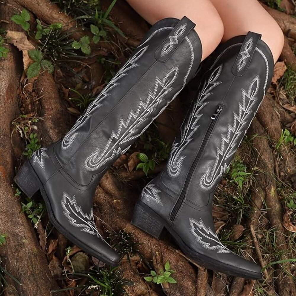 NEW Cowboy Boots for Women - Knee High Pointed Toe Chunky Heel Pull On Zipper-BK